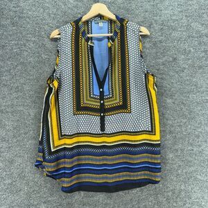 Brixon Ivy Blouse Women XL Black Geometric V-Neck 1/2 Button Sleeveless Casual